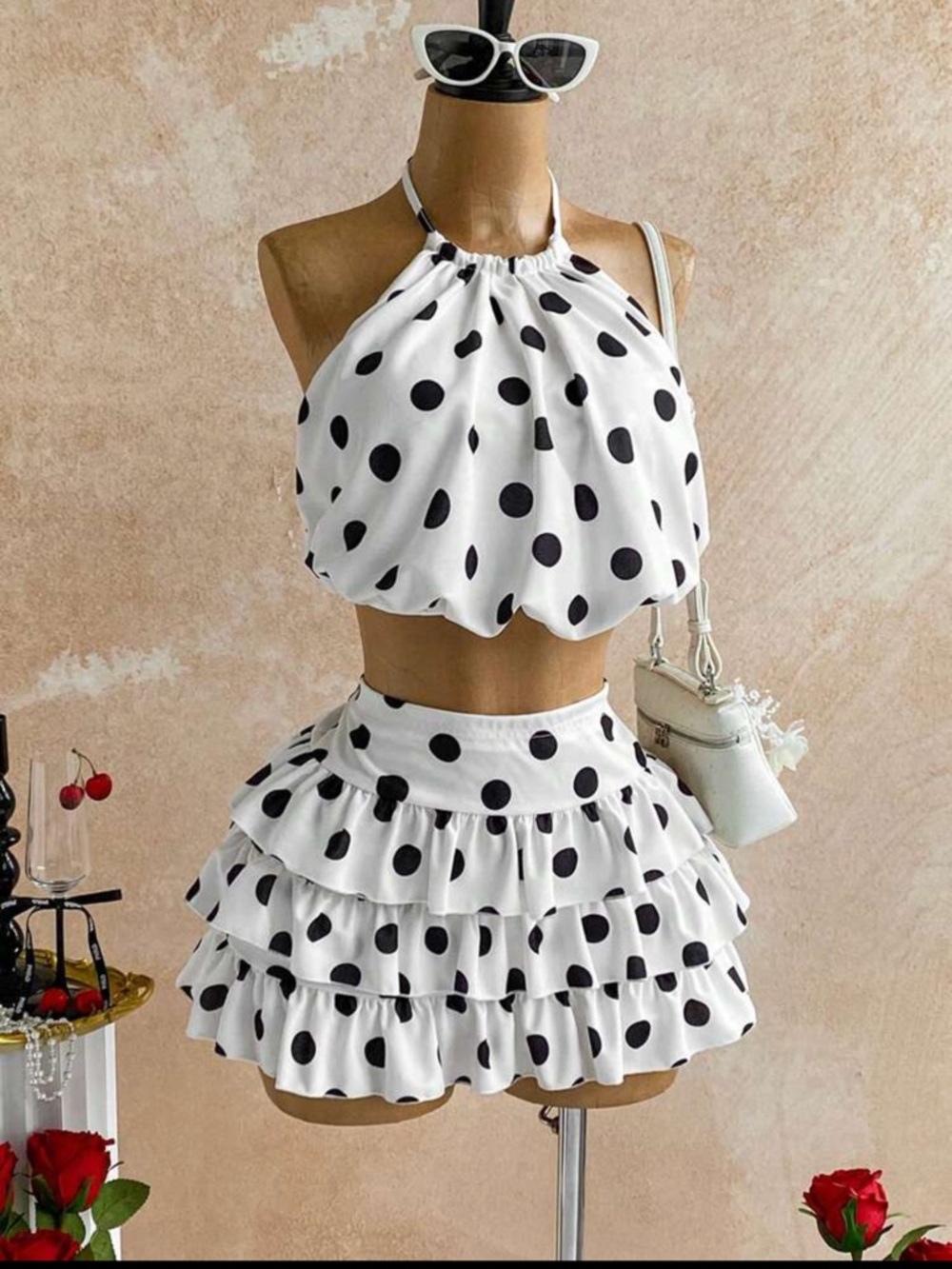 Polka Dot White & Black Ruffle Mini Skirt Set